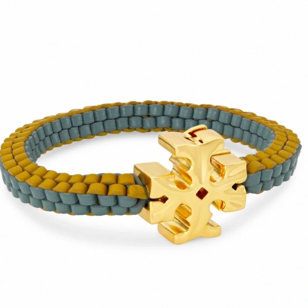 NWT Tory Burch Authentic Roxanne Goldtone & Green Yellow Leather Woven Bracelet
